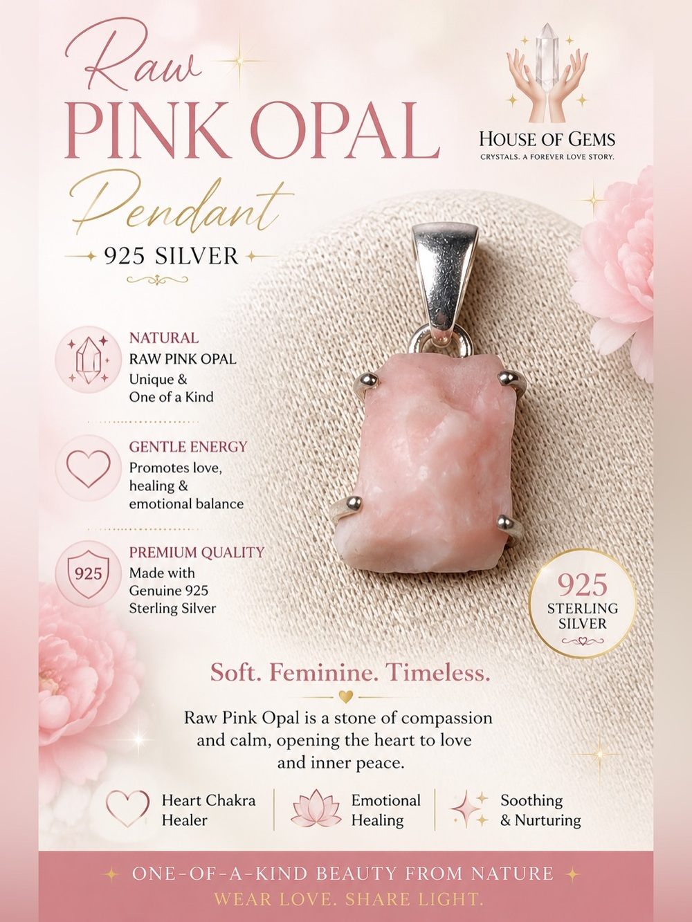 Pink Opal Raw Pendant in Sterling Silver